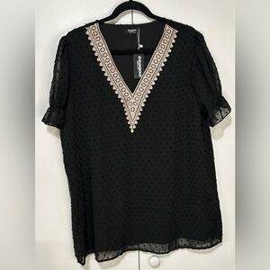 Women Black V Neck Puff Short Sleeve Top Swiss Dot chiffon Lace size X-Large NWT